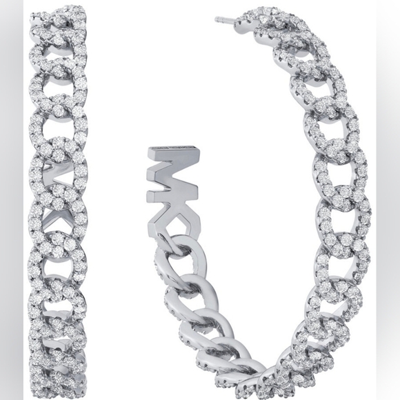 Michael Kors Platinum Plated Pave Frozen Curb Hoop Earrings